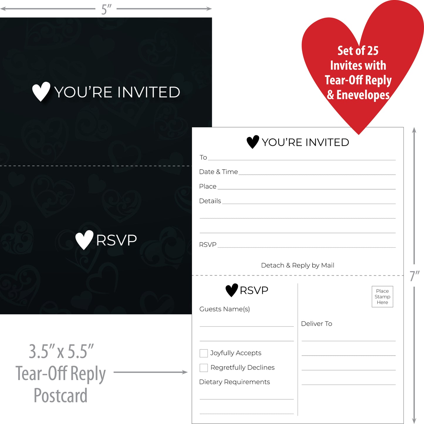 Minimalist Heartfelt Invitation Set with Tear-Off RSVP Postcard (25-Pack with Envelopes) - 5" x 7"
