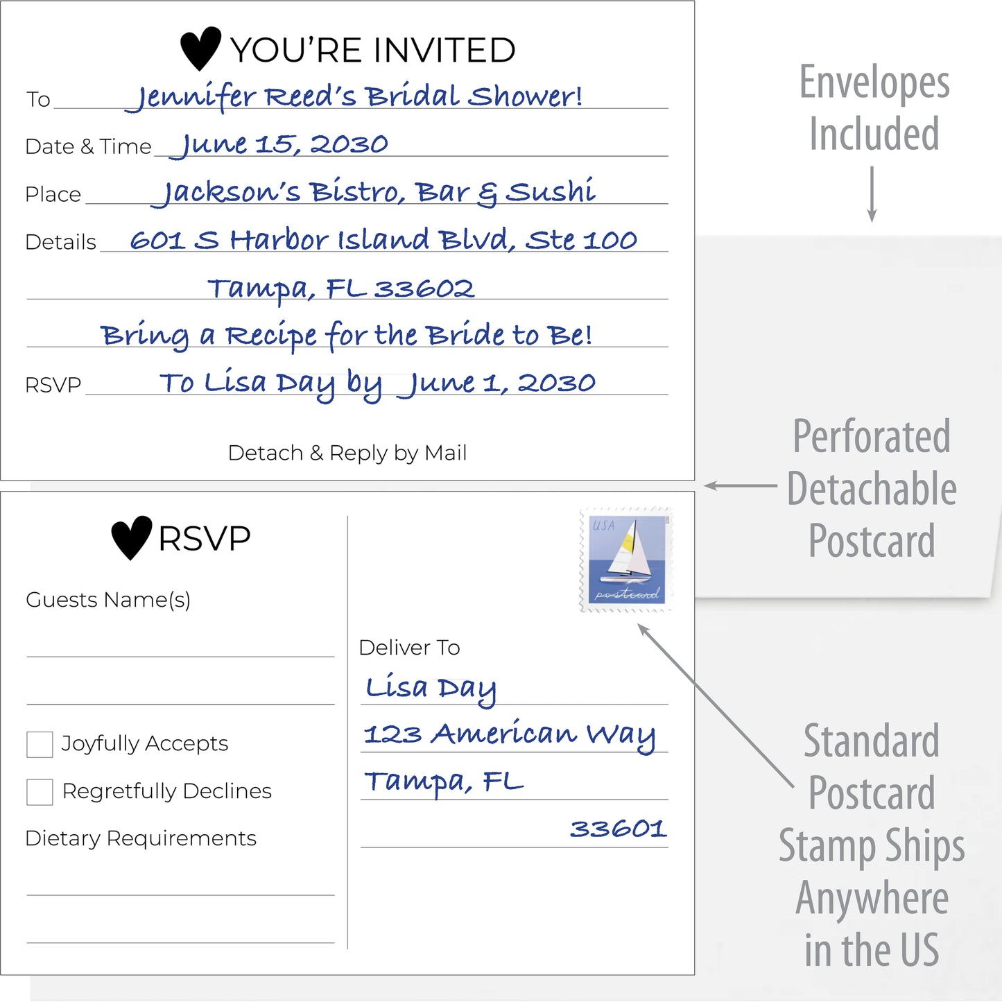 Minimalist Heartfelt Invitation Set with Tear-Off RSVP Postcard (25-Pack with Envelopes) - 5" x 7"