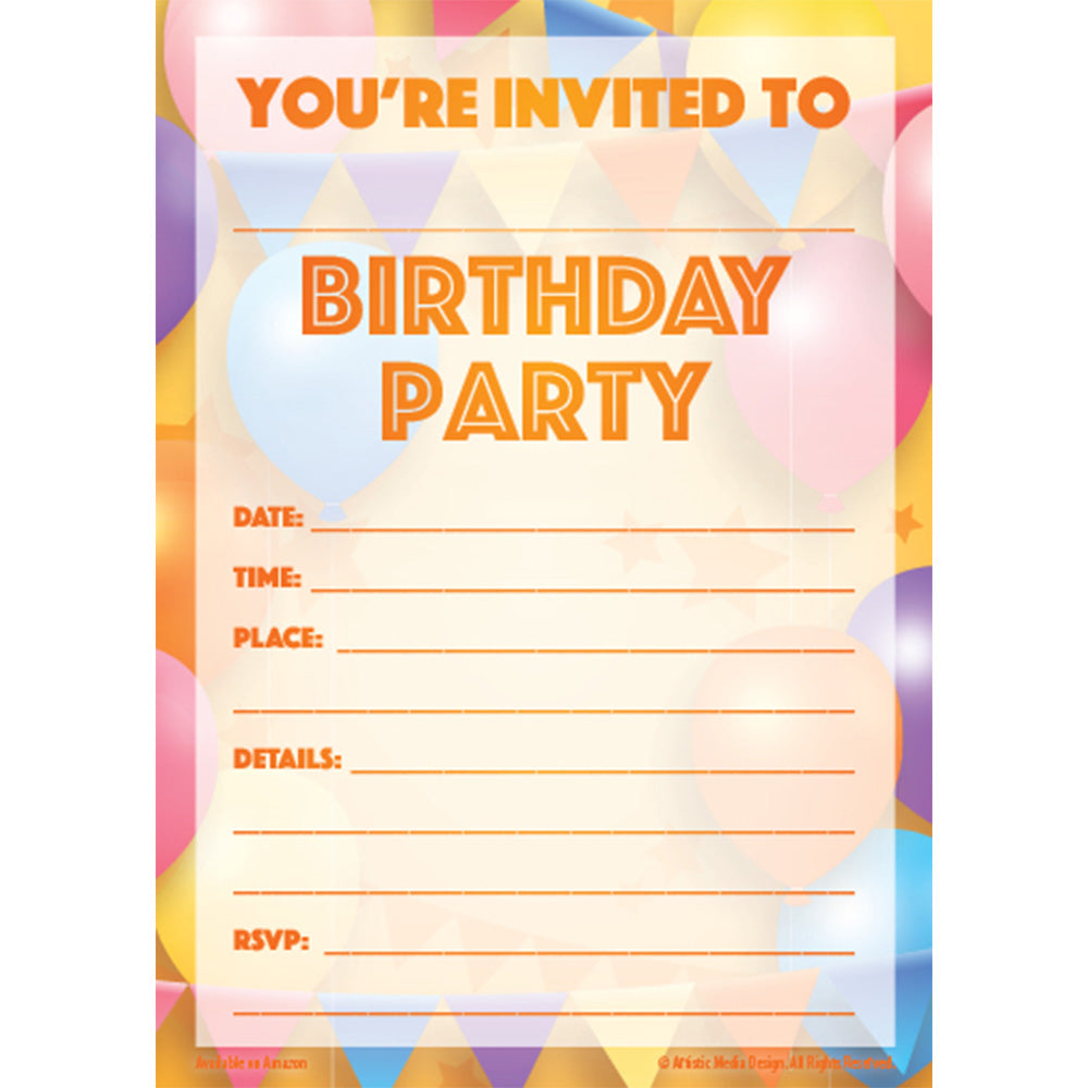 Birthday Party Invitations for Kids - Boys or Girls - Colorful Let's Party Theme - Invites Printed on Both Sides (Set of 20 with Envelopes), Multi, 5inch X 7inch