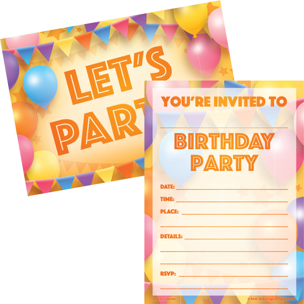 Birthday Party Invitations for Kids - Boys or Girls - Colorful Let's Party Theme - Invites Printed on Both Sides (Set of 20 with Envelopes), Multi, 5inch X 7inch