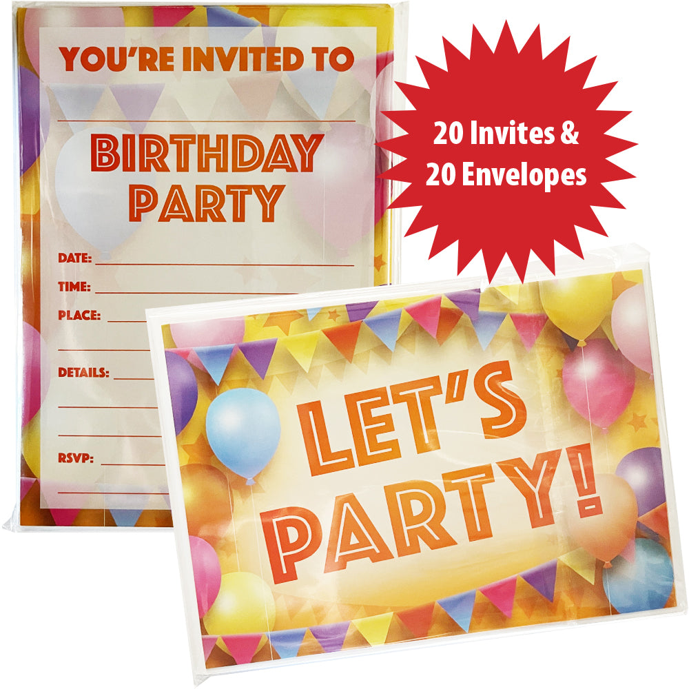 Birthday Party Invitations for Kids - Boys or Girls - Colorful Let's Party Theme - Invites Printed on Both Sides (Set of 20 with Envelopes), Multi, 5inch X 7inch