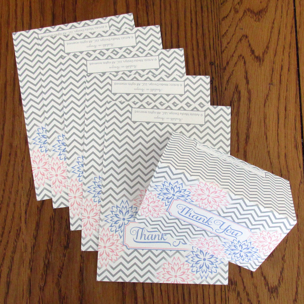 Thank You Cards (Set of 25 with Envelopes) - Chevron and Floral Style - Premium Quality - Classic Design