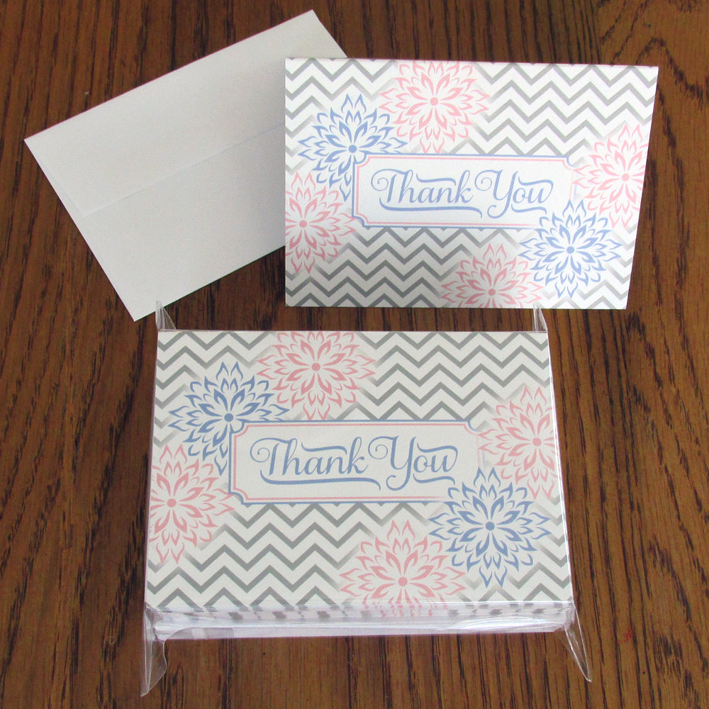 Thank You Cards (Set of 25 with Envelopes) - Chevron and Floral Style - Premium Quality - Classic Design