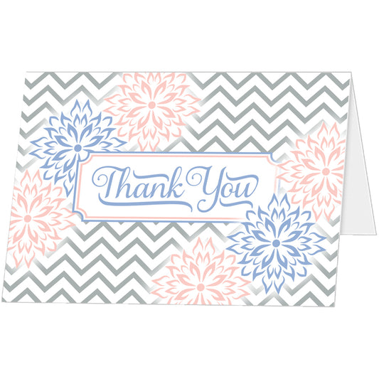 Thank You Cards (Set of 25 with Envelopes) - Chevron and Floral Style - Premium Quality - Classic Design