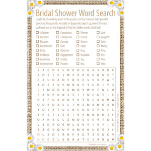 5.5" x 8.5" Bridal Shower Word Search Game Notepads (25 Sheets) - Burlap and Daisy Style - Premium Quality - Classic Design