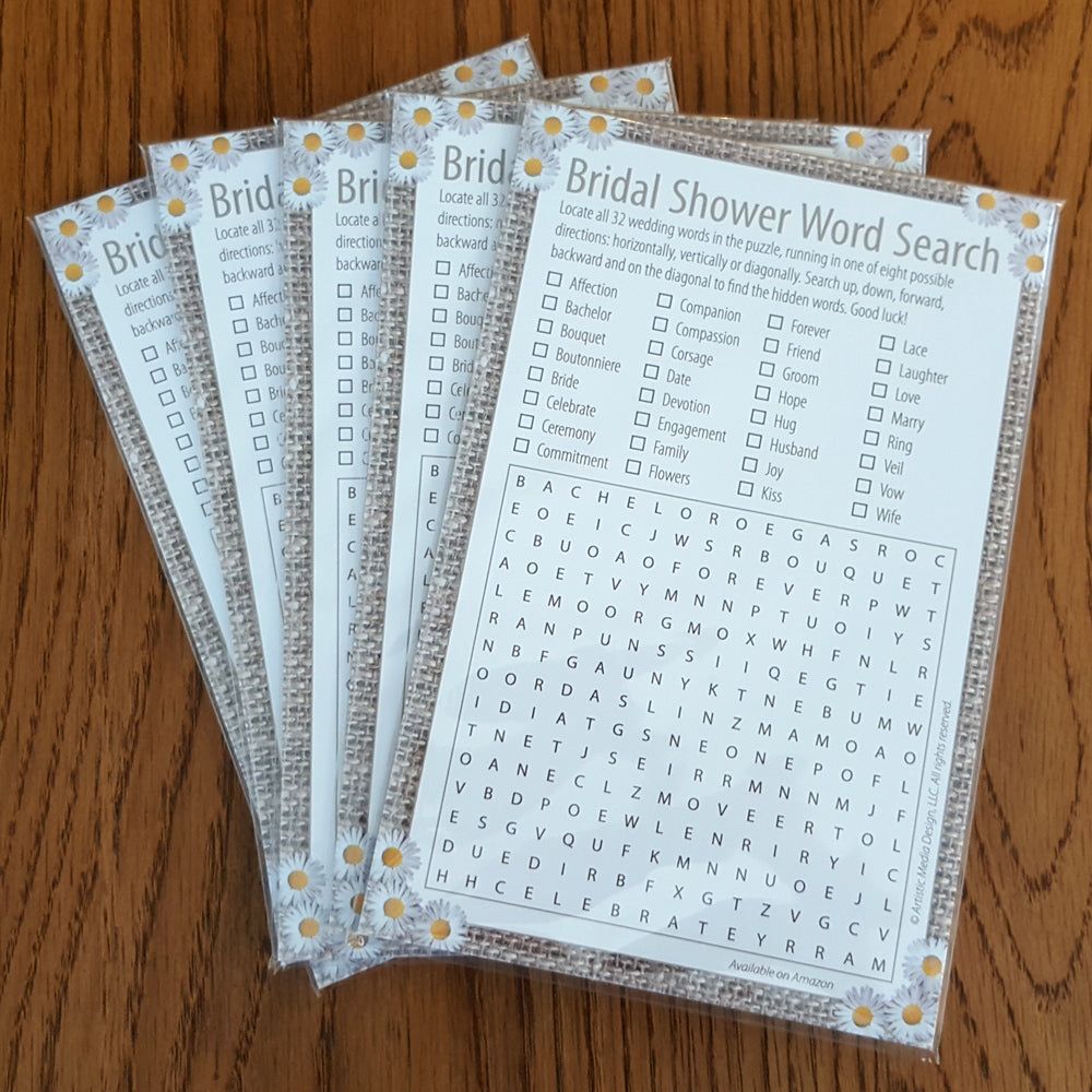 5.5" x 8.5" Bridal Shower Word Search Game Notepads (25 Sheets) - Burlap and Daisy Style - Premium Quality - Classic Design