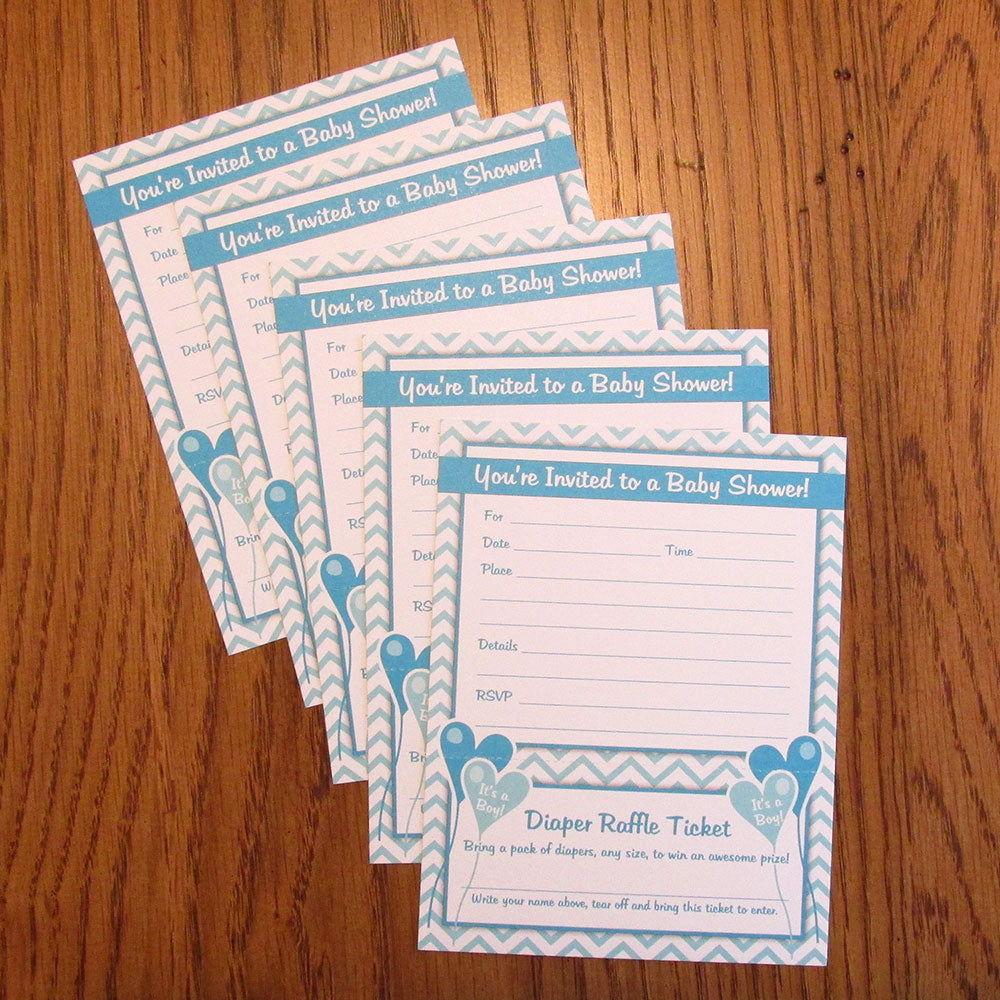 Boy Baby Shower Invitations with Diaper Raffle Ticket (Set of 25 with Envelopes)