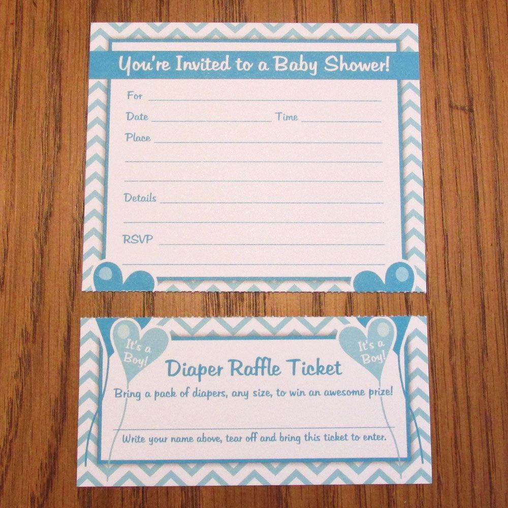 Boy Baby Shower Invitations with Diaper Raffle Ticket (Set of 25 with Envelopes)