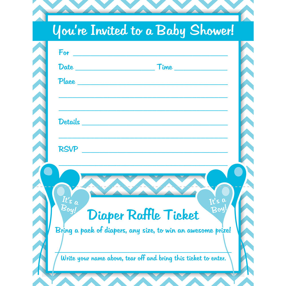 Boy Baby Shower Invitations with Diaper Raffle Ticket (Set of 25 with Envelopes)