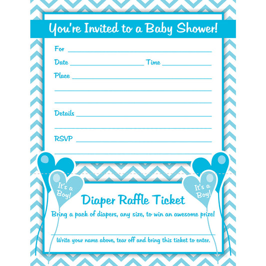 Boy Baby Shower Invitations with Diaper Raffle Ticket (Set of 25 with Envelopes)