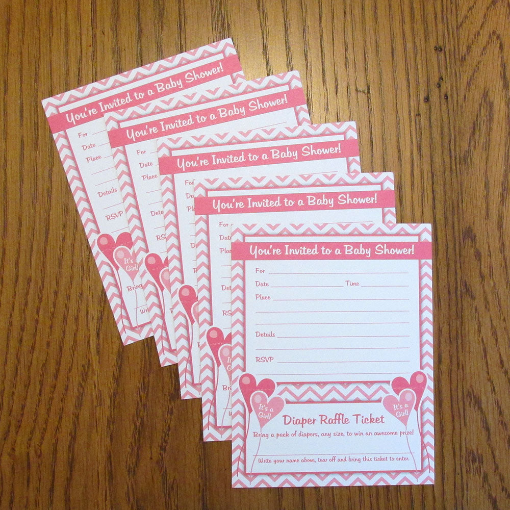 Girl Baby Shower Invitations with Diaper Raffle Ticket (Set of 25 with Envelopes)