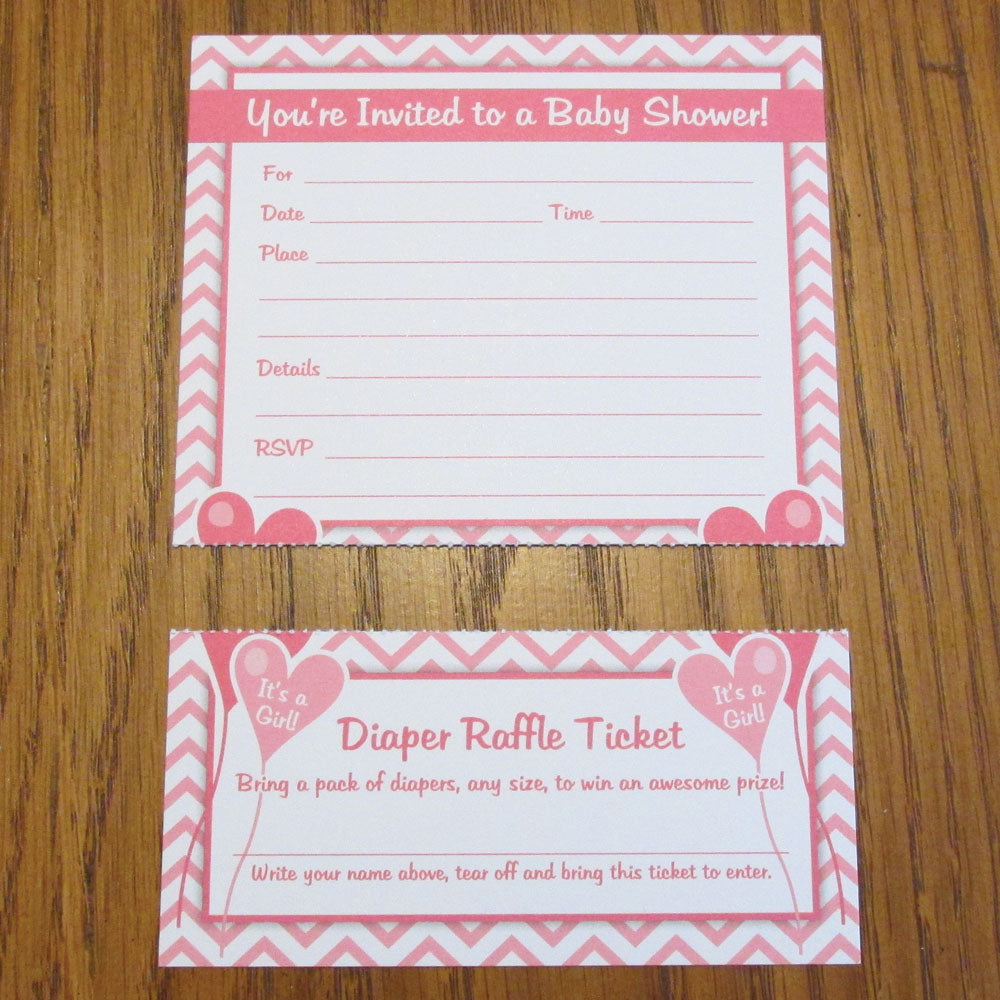 Girl Baby Shower Invitations with Diaper Raffle Ticket (Set of 25 with Envelopes)