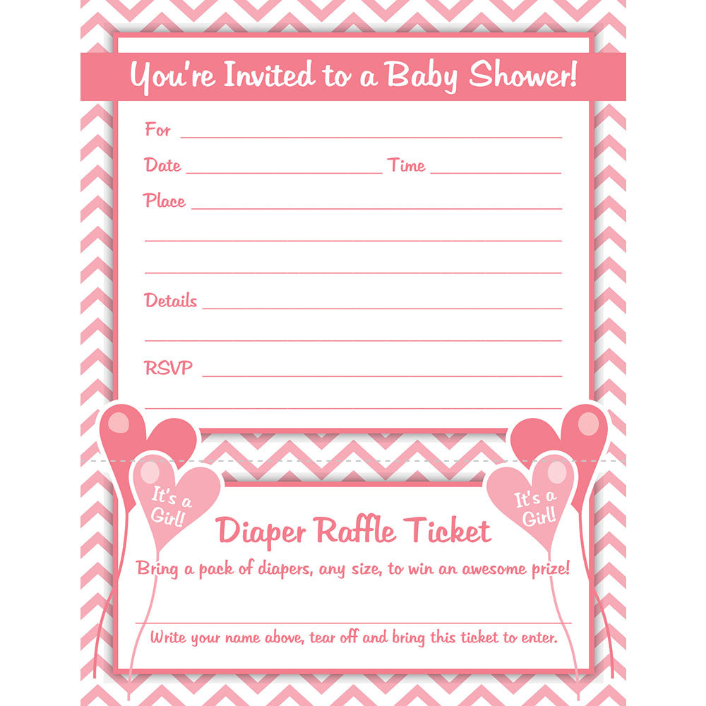 Girl Baby Shower Invitations with Diaper Raffle Ticket (Set of 25 with Envelopes)