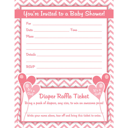 Girl Baby Shower Invitations with Diaper Raffle Ticket (Set of 25 with Envelopes)