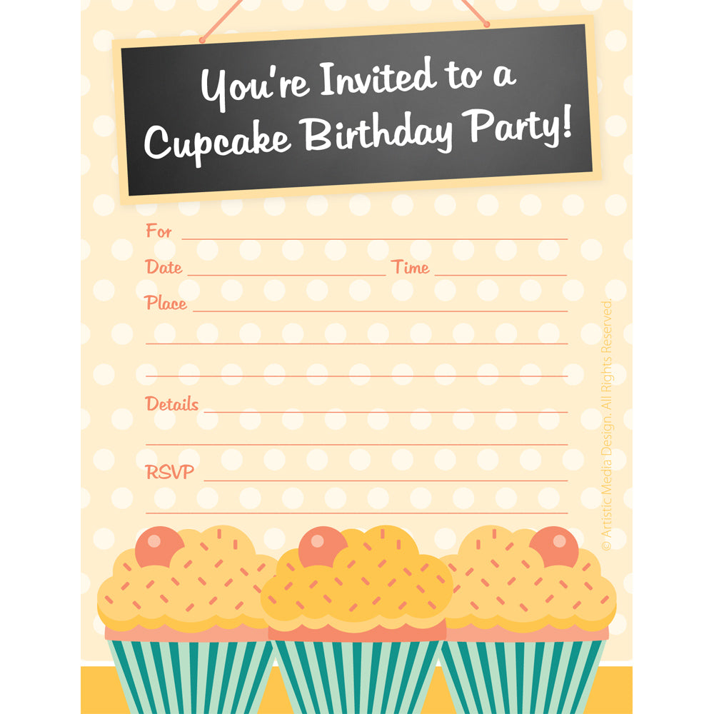 Cupcake Themed Birthday Party Invitations - Gender Neutral (Set of 25 with Envelopes)