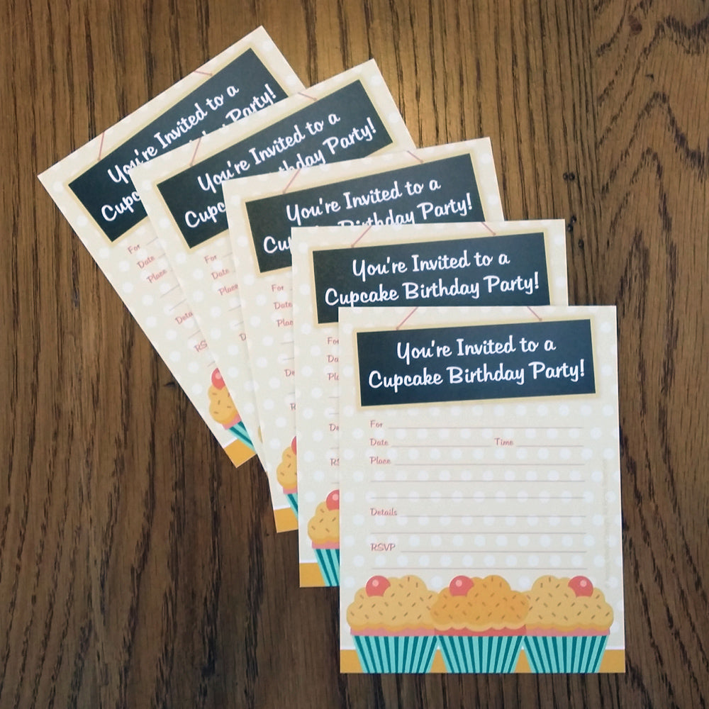 Cupcake Themed Birthday Party Invitations - Gender Neutral (Set of 25 with Envelopes)