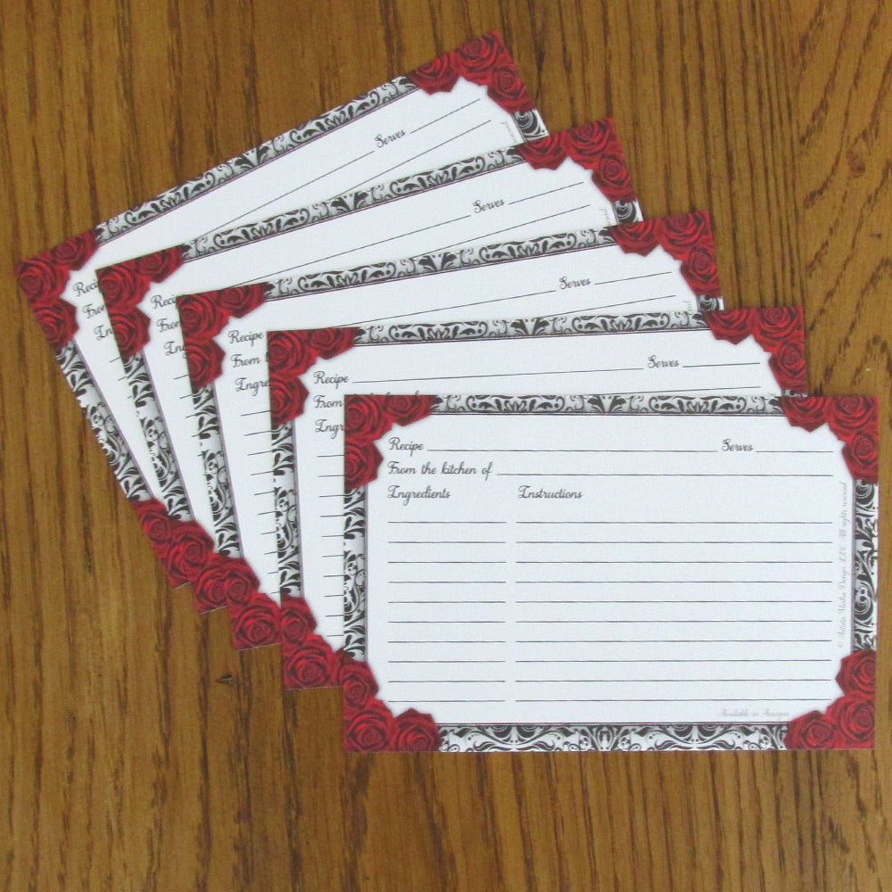 Clearance - Romantic Red Rose and Black Damask Recipe Cards (Set of 50) | 4" x 6" One-Sided