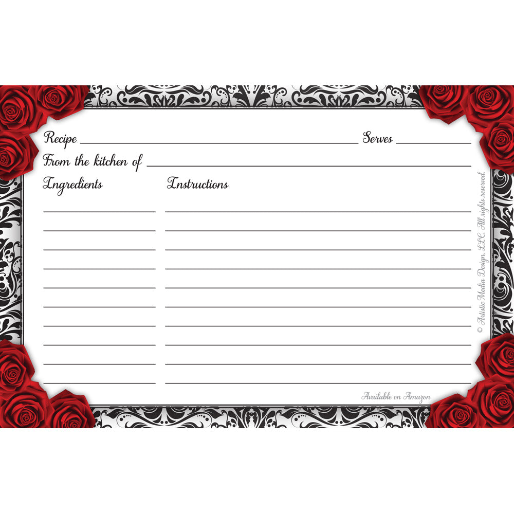 Clearance - Romantic Red Rose and Black Damask Recipe Cards (Set of 50) | 4" x 6" One-Sided