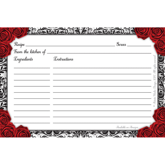 Clearance - Romantic Red Rose and Black Damask Recipe Cards (Set of 50) | 4" x 6" One-Sided