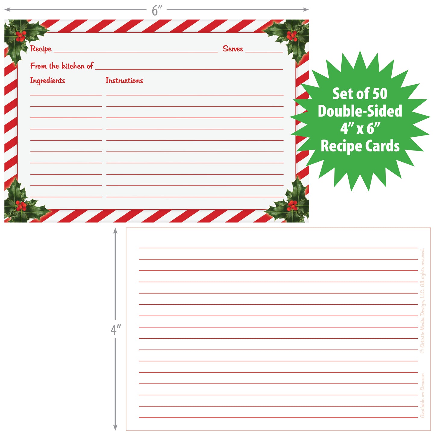 Christmas Recipe Cards (Set of 50 Cards) | 4" x 6" College-Ruled