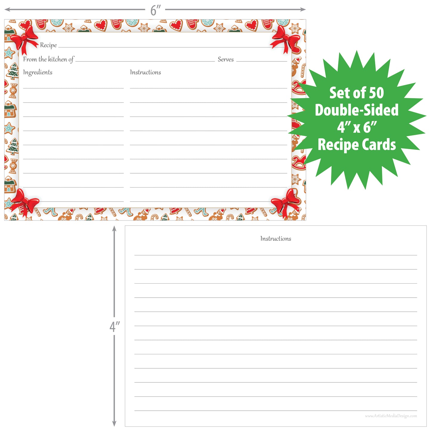 Christmas Cookie Recipe Cards (Set of 50) | 4" x 6" Double-Sided College-Ruled