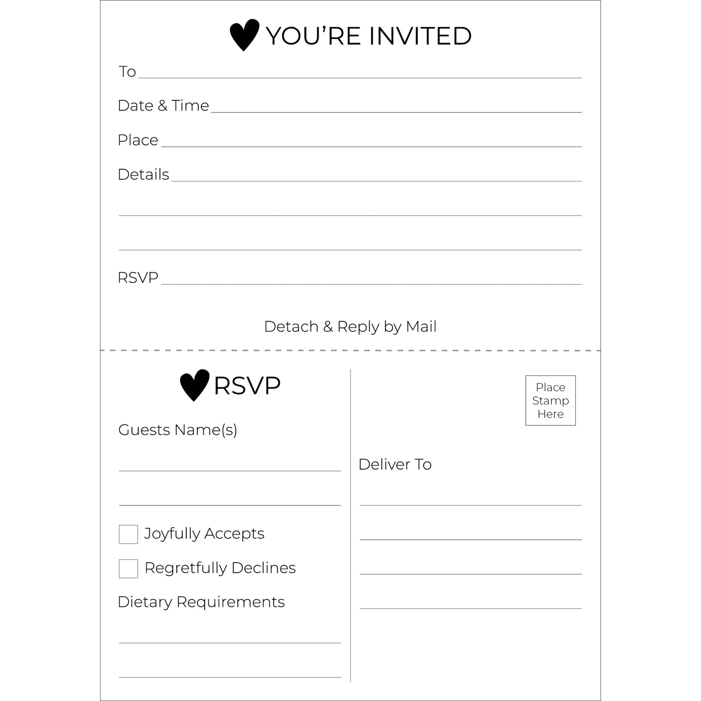 Heart Invitation with Tear-Off RSVP Reply Postcard (Set of 25 with Envelopes) 5" x 7"