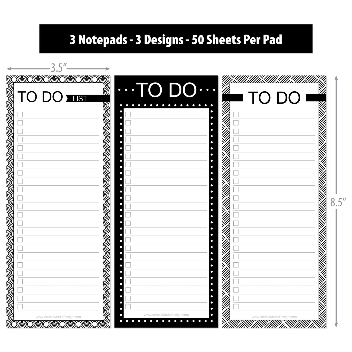 Skinny To-Do Notepad Set (3 Pads, 3 Unique Designs) | 3.5" x 8.5" Premium List-Making Notepads | College-Ruled Pages | 50 Sheets Each