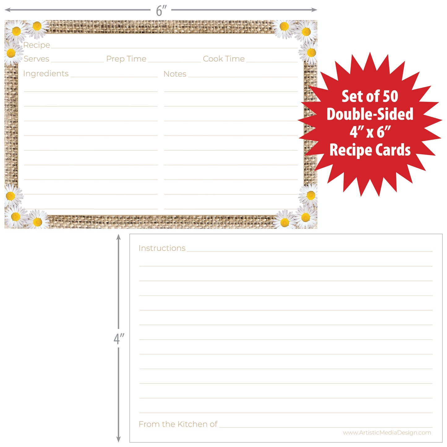 Rustic Daisy Recipe Cards (Set of 50) | 4" x 6" Double-Sided College-Ruled