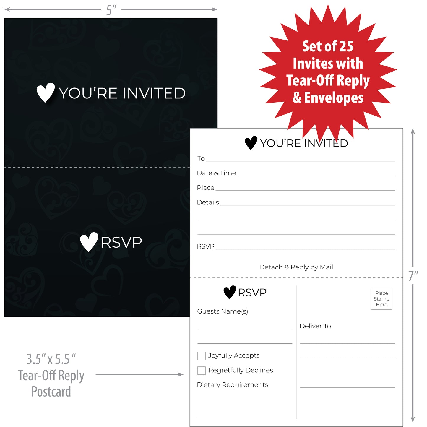 Heart Invitation with Tear-Off RSVP Reply Postcard (Set of 25 with Envelopes) 5" x 7"