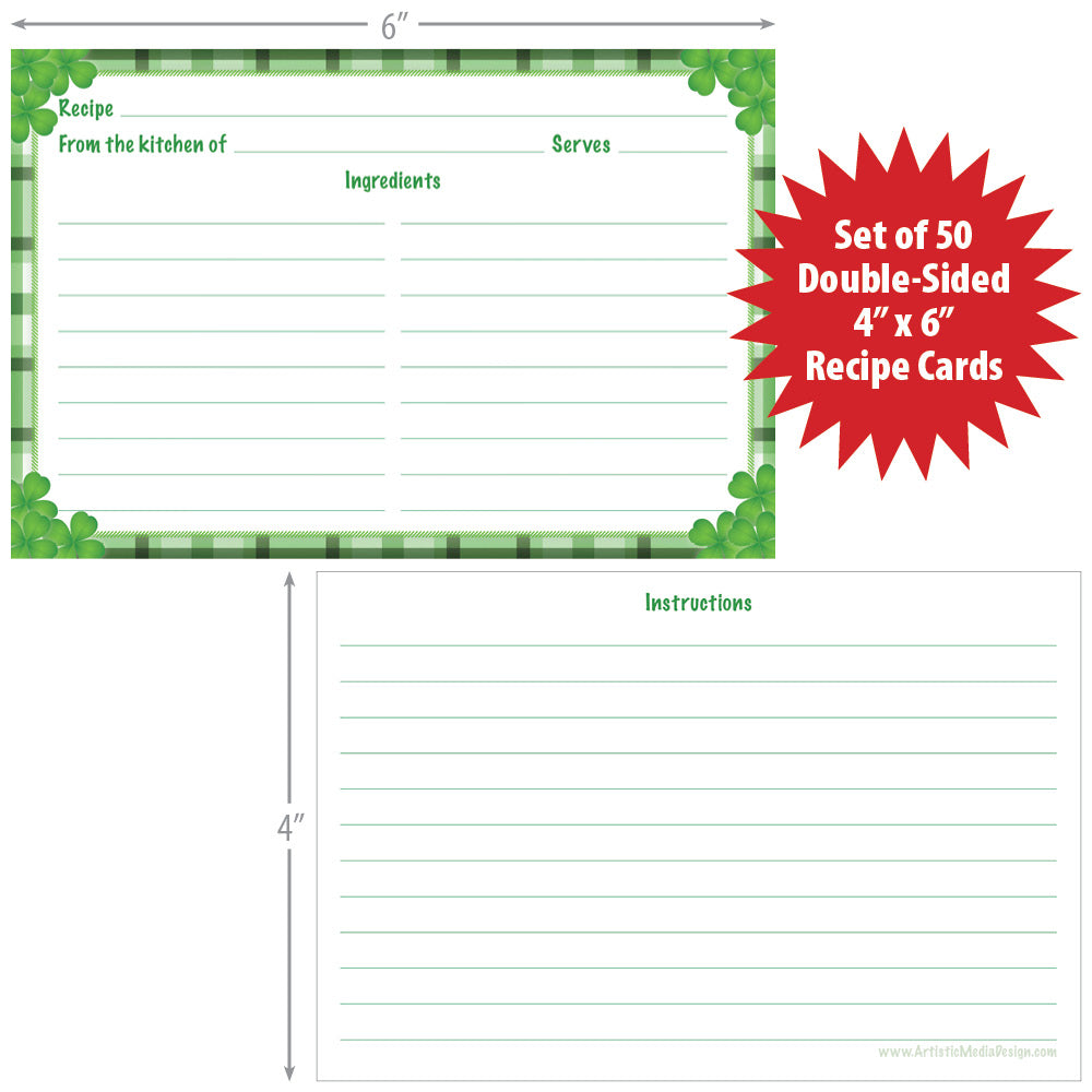 Lucky Shamrock Recipe Cards (Set of 50) | 4" x 6" Double-Sided College-Ruled