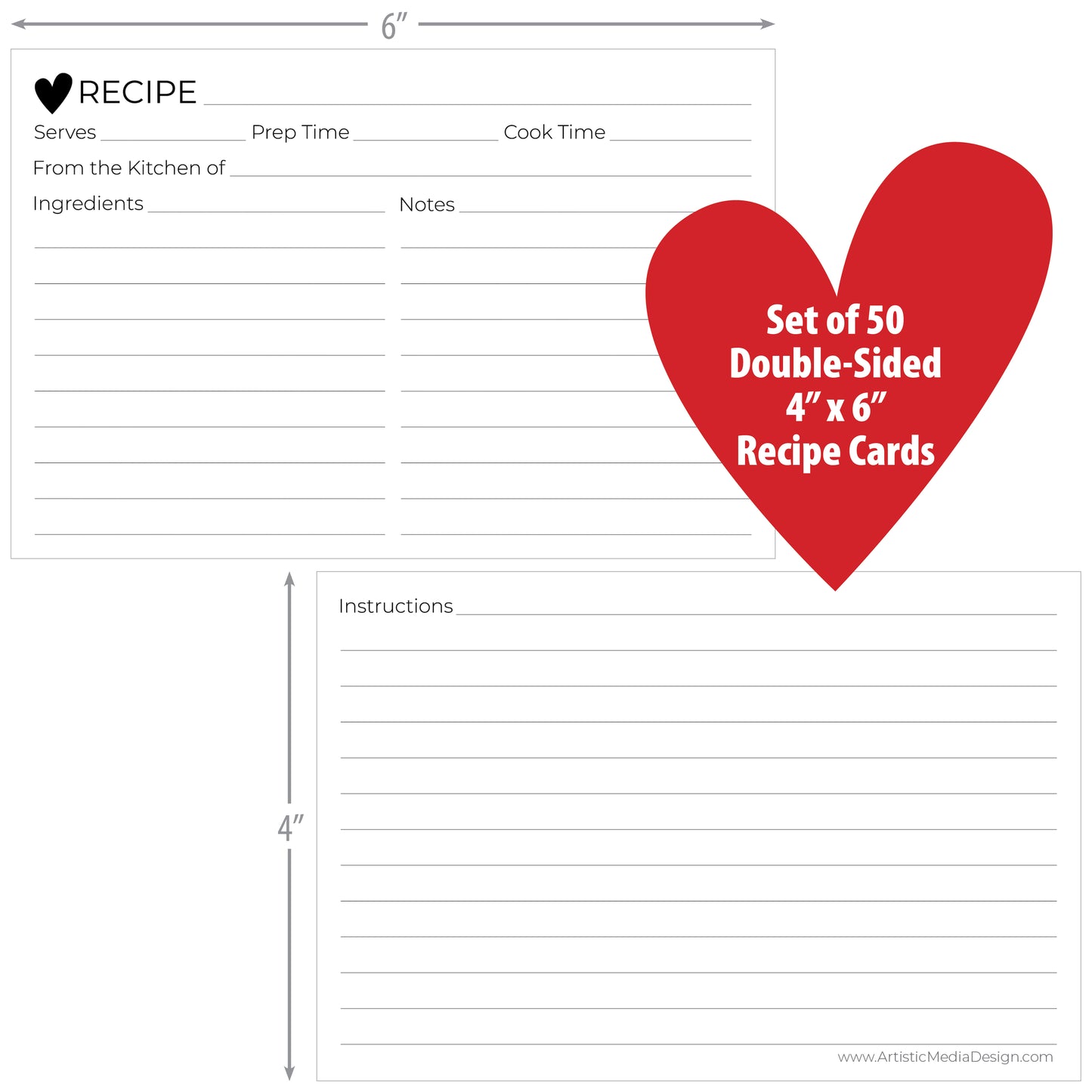 Recipe Cards - Minimalist Heart Design (Set of 50) | Classic Black & White | 4" x 6" Double-Sided Heavyweight Stock for Bridal Showers & Recipe Exchanges