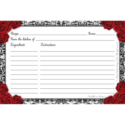 4" X 6" Bridal Shower Recipe Cards (Set of 50) - Black Damask and Red Roses Style - Premium Quality - Classic Design